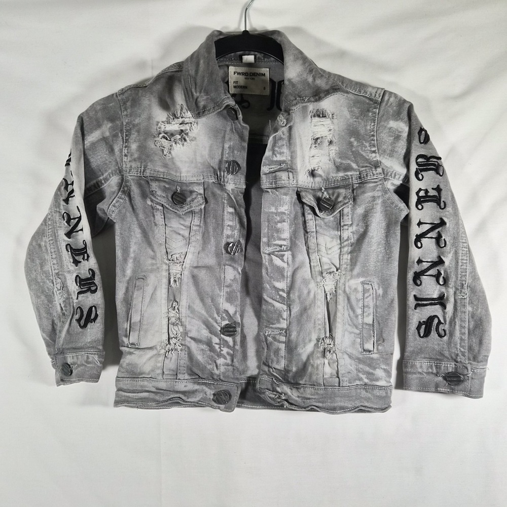 FWRD Denim Sinners Saints Jacket Boys 5 Gray Acid Wash Distressed Embroidered